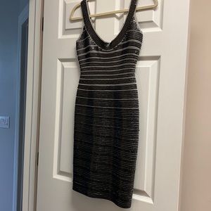 Herve Leger gray sequin cocktail dress.